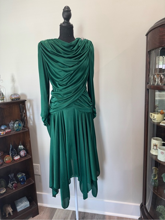 American Vintage Dresses & Skirts - Draped Emerald Green Satin-Effect Dress by FiligreeThe 80's does the 20's